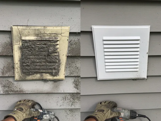 Weston Dryer Vent Cleaning technician installing high-quality dryer vent cover at a residential property in Weston